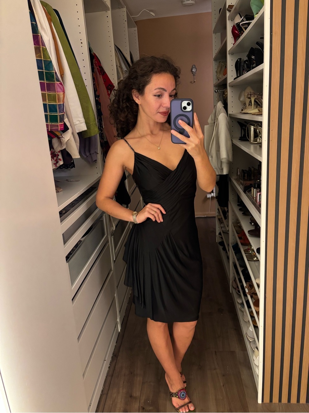 BCBGMaxAzria Black Pleated V-Neck Mini Dress